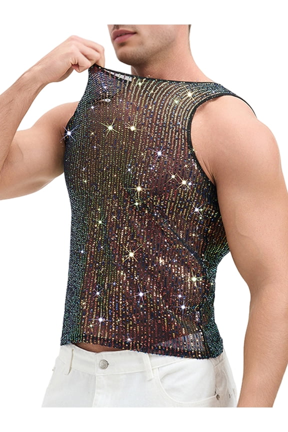 Men's Sleeveless Spring Rhinestone Glitter Festival Versatile Undershirt Top for Party Summer Iridescent L