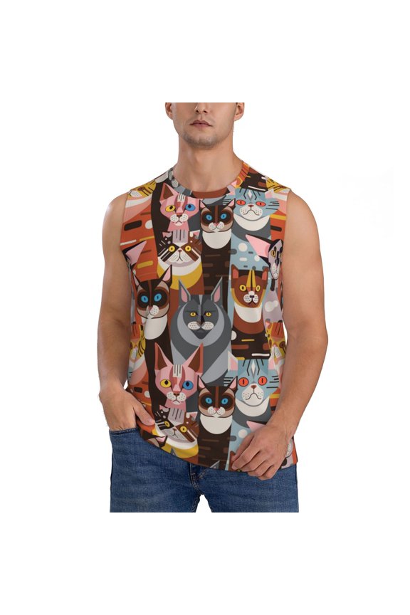 Men's Sleeveless T-Shirt Athletic Tank Top Gym Workout Muscle Tee, Cats In Funny Poses