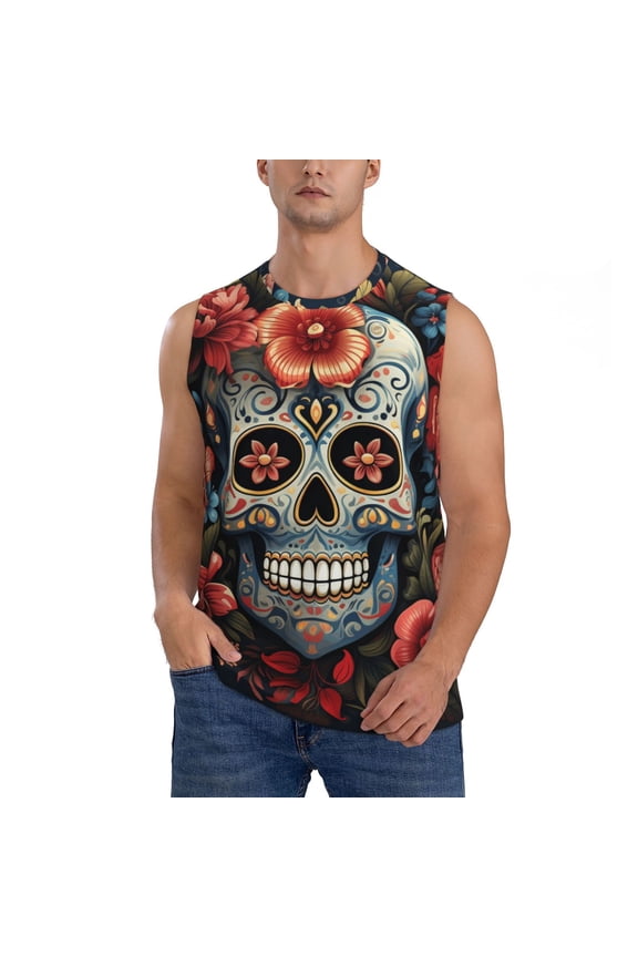 Men's Sleeveless T-Shirt Athletic Tank Top Gym Workout Muscle Tee, Skulls Gothic Skull Day Of The Dead