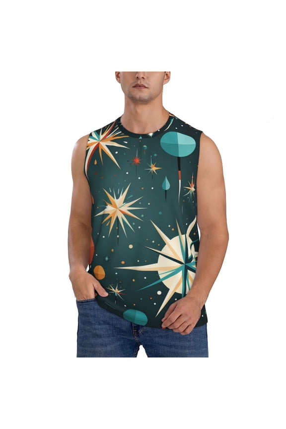 Men's Sleeveless T-Shirt Athletic Tank Top Gym Workout Muscle Tee, Star Retro Mid Century Atomic Starry Vintage