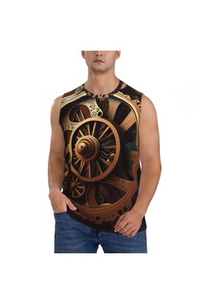 Men's Sleeveless T-Shirt Athletic Tank Top Gym Workout Muscle Tee, Steampunk Clockwork Wheels