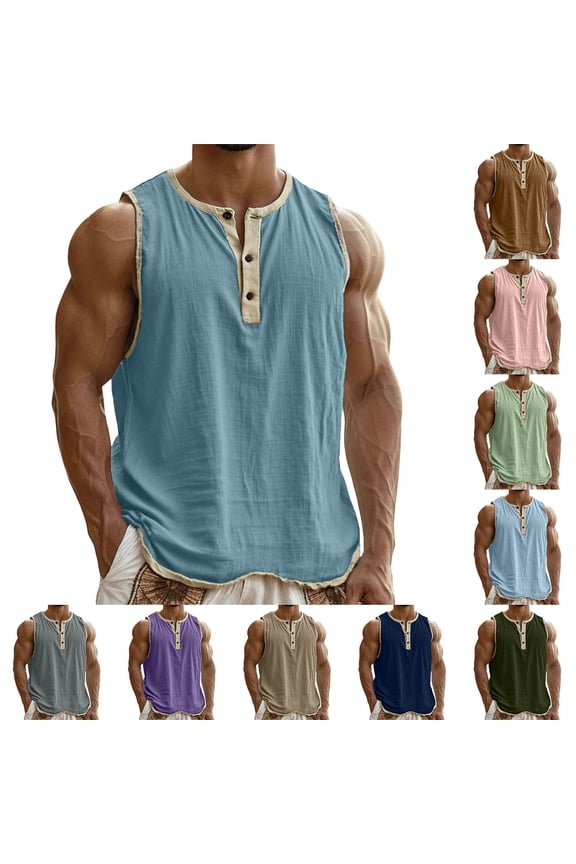 Men's Sleeveless T-Shirt Cotton Linen Blend Vest, Muscle Tank Top Breathable, Round Neck Solid Color Button Down Casual Top, 60% Cotton 40% Linen Quick Dry Summer | Zenithor,Army Green L