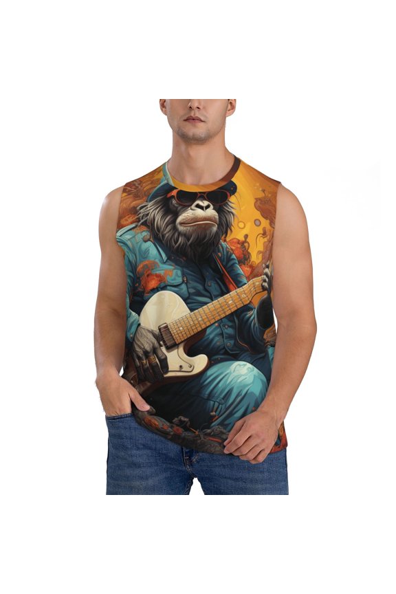 Men's Sleeveless T-Shirt Gym Tank Top Sport Muscle Tee Summer, Monkey Playing Guitar Cool