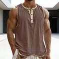 thumbnail image 1 of Men's Sleeveless Vest T-Shirt, Solid Color Round Neck Button Front in Cotton Linen for Beach Cover-Ups and Summer Style Brown S, 1 of 6