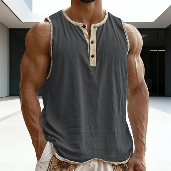 Men's Sleeveless Vest T-Shirt, Solid Color Round Neck Button Front in Cotton Linen for Beach Cover-Ups and Summer Style Dark Gray XXL