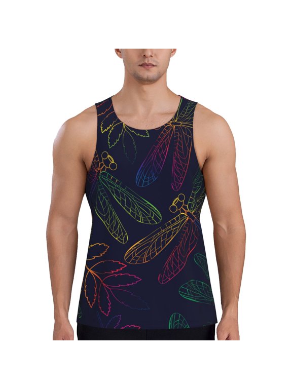 Men's Sleeveless Workout Shirts Athletic Tank Top Gym Muscle, Dragonfly Rainbow Dragonflies
