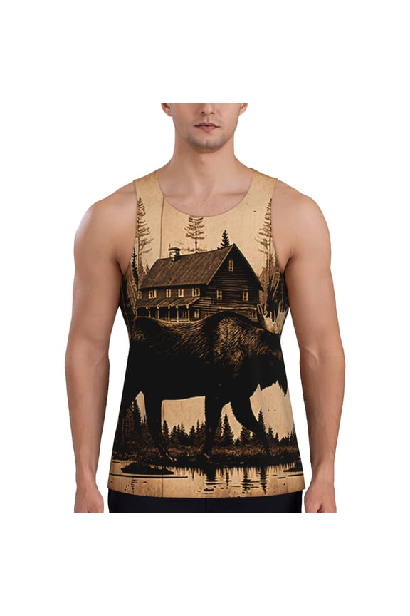 Men's Sleeveless Workout Shirts Athletic Tank Top Gym Muscle, Rustic Lodge Moose Deer Vintage