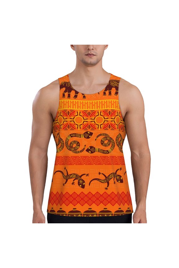 Men's Sleeveless Workout Shirts Athletic Tank Top Gym Muscle, Tribal Ethnic Elephant African Geometric Lizard