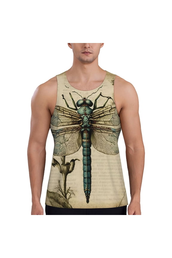 Men's Sleeveless Workout Shirts Athletic Tank Top Gym Muscle, Vintage Dragonfly Art