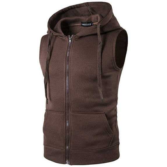 Men's Sleeveless Zipper Hoodie - Casual Sports Vest with Pockets, Polyester, for Spring/Summer - Solid Color