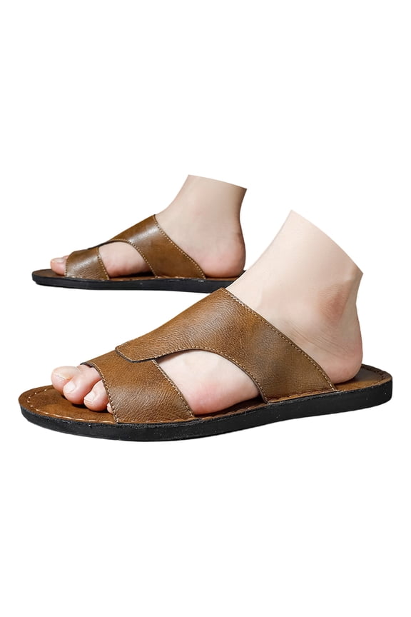 Men's Slide Sandals Cutout Leather Open Toe Nonslip Casual Slippers Lightweight Soft Bottom Slip on Flat Shoes Brown Size 8.5