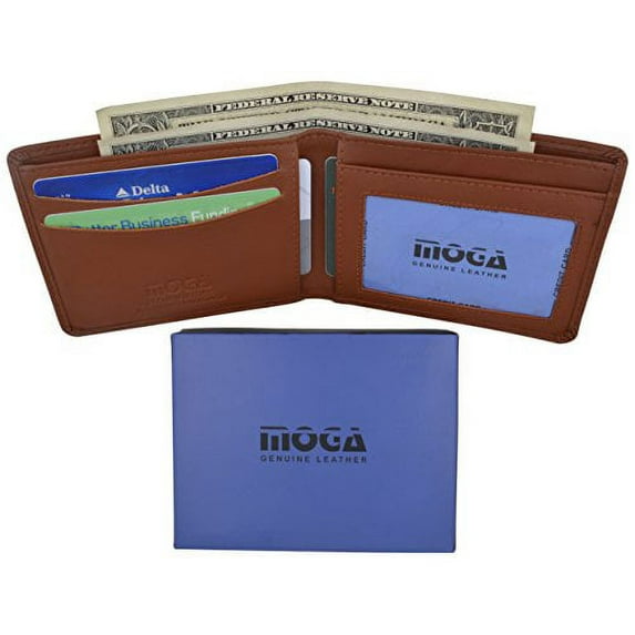 Men's Slim Bifold Wallet Genuine Leather Thin Wallet for Men With ID Window by Moga (Tan)