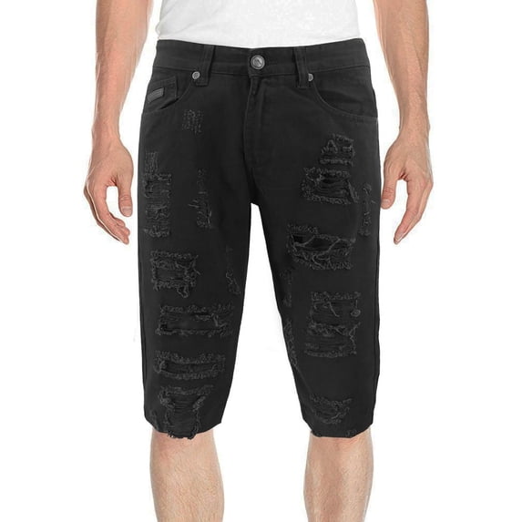 Men's Slim Cotton Blend Denim Ripped Distressed Tapered Black Jean Shorts (FS16-1401, 36)