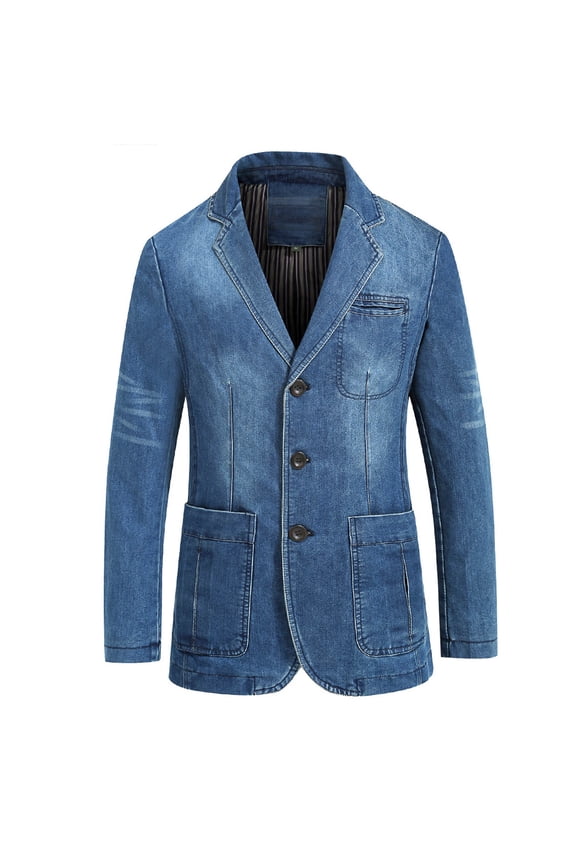 Men's Slim Denim Blazer Vintage Three Buttons Single Cowboy Jacket Long Sleeve Casual Coat