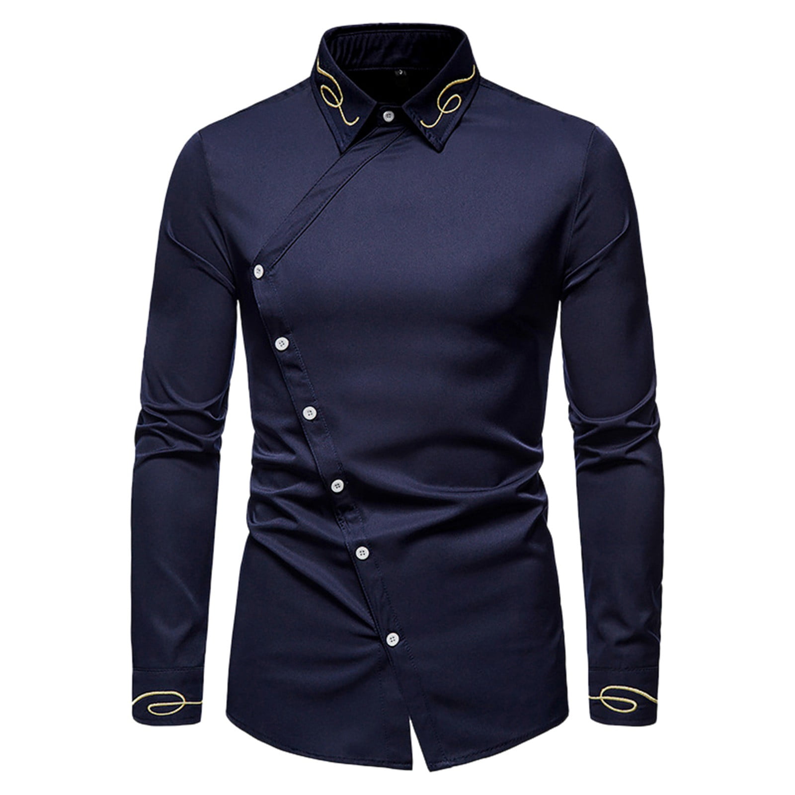 Men's Slim Dress Shirt Embroidered Asymmetrical Long Sleeve Western