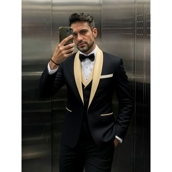 Men's Slim Fit 3 Piece Suit Set: Shawl Lapel Blazer Jacket, Vest & Pants - Formal Wedding Tuxedo