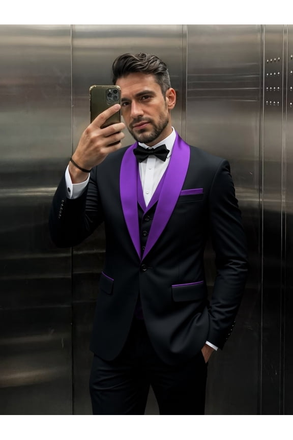 Men's Slim Fit 3 Piece Suit Set: Shawl Lapel Blazer Jacket, Vest & Pants - Formal Wedding Tuxedo