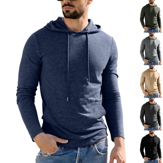 Men's Slim Fit Athletic Pullover Hoodie, Long Sleeve Solid Workout Gym Hooded Sweatshirt with Kangaroo Pocket for Sports Daily Wear