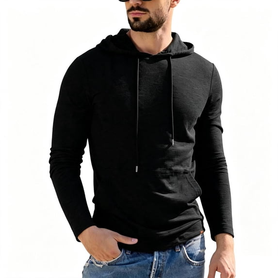 Men's Slim Fit Athletic Pullover Hoodie, Long Sleeve Solid Workout Gym Hooded Sweatshirt with Kangaroo Pocket for Sports Daily Wear