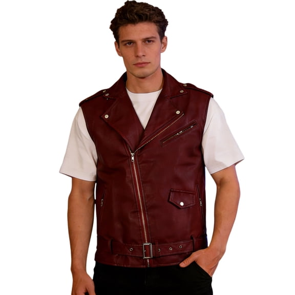 Men's Slim Fit Black PU Biker Adjustable Waist Belt Vest Motorcycle Sleeveless Casual Jacket