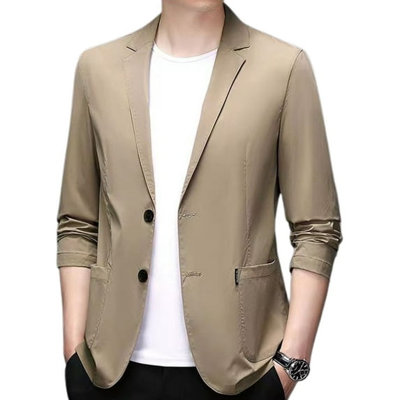 Men's Slim Fit Blazer Jacket Summer Lightweight Sport Coat 2 Button Casual Fashion Long Sleeve Pocket Notch Lapel Khaki Medium