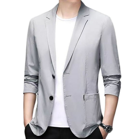 Men's Slim Fit Blazer Jacket Summer Lightweight Sport Coat 2 Button Casual Fashion Long Sleeve Pocket Notch Lapel Light Grey Medium