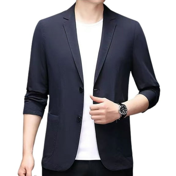 Men's Slim Fit Blazer Jacket Summer Lightweight Sport Coat 2 Button Casual Fashion Long Sleeve Pocket Notch Lapel Navy Small