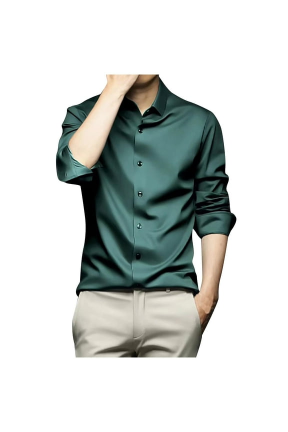 Men's Slim Fit Business Casual Cotton Long Sleeves Solid Button Down Dress Shirts Luxury Satin Dress Shirt Shiny Wedding Party Shirt, Green (4X-Large)