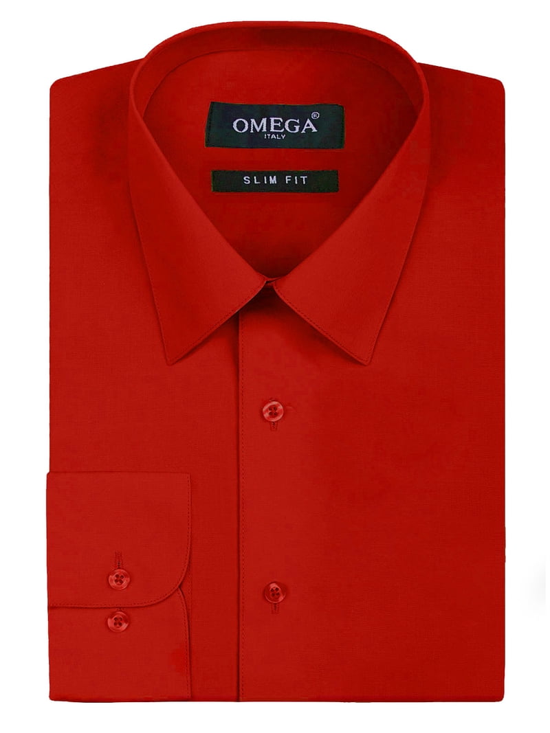 OmegaTux Men's Slim Fit Button Up Long Sleeve Solid Dress Shirt - Red