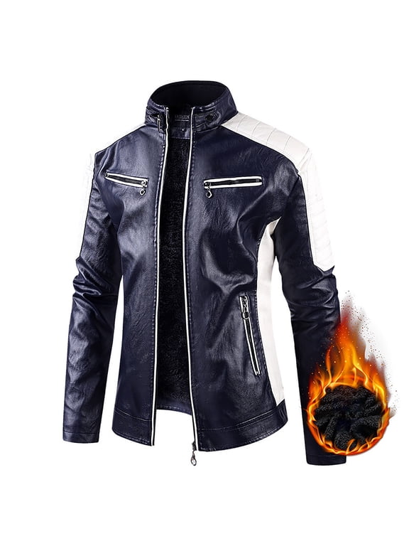 Men's Slim Fit Cafe Racer Faux Leather Jacket Fall Fleece Lined Jacket with Zipper Pockets Running Hiking