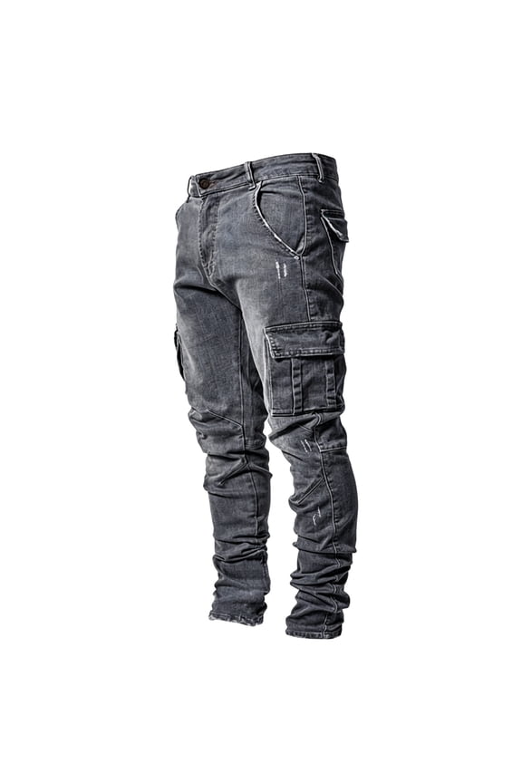 Men's Slim Fit Cargo Jeans Light Wash Distressed Stretch Denim Pants with Multi Pockets Casual Street Daily Trousers,L