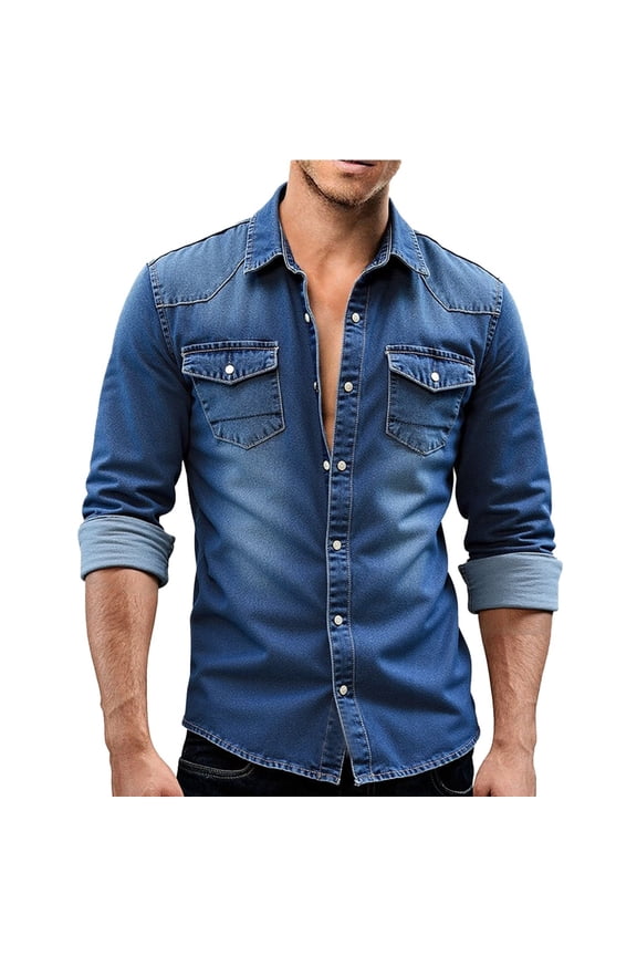 Men's Slim Fit Casual Long Sleeve Shirt Denim Shirt Jacket Fall Winter Korean Retro Minimalist Design Daily Dark Blue L