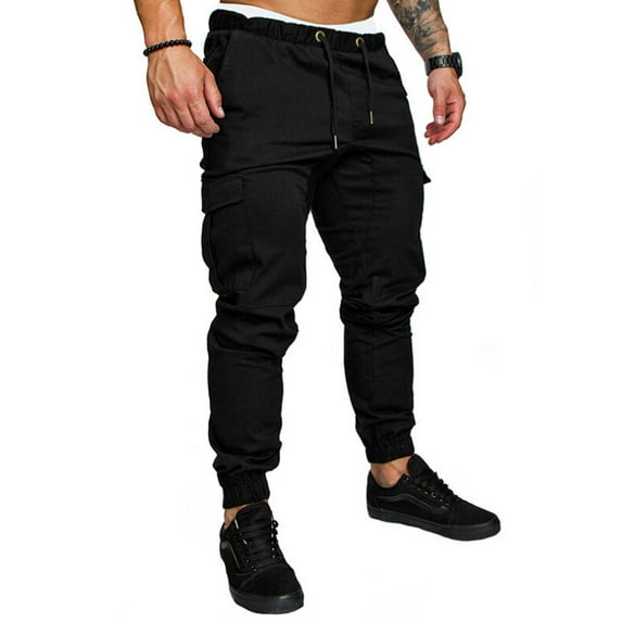 Men's Slim Fit Casual Long Straight Leg Pants Pencil Jogger Streetwear Cargo Pants Black L
