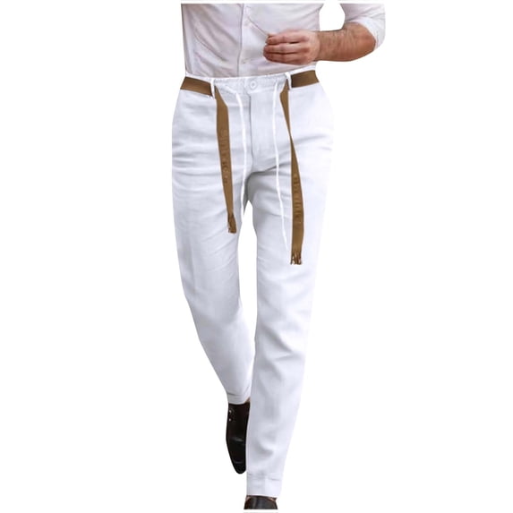 Men's Slim Fit Casual Pants Elastic Waisted Stretch Flat Front Skinny Dress Long Joggings Workout Outdoor Long Pants with Belt White,XXL