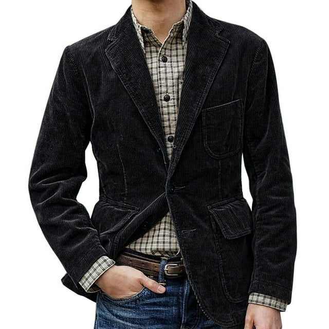 Men's Slim Fit Corduroy Suit Jacket One Button Business Coat Herringbone Blazer British Wool Blend Vintage Jacket