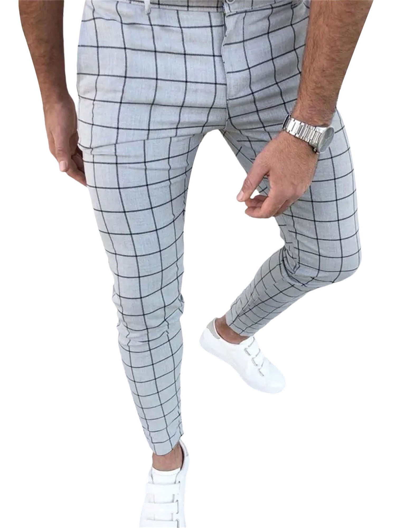 Men’s Slim Fit Dress Pants Plaid Print Skinny Stretch Business Pants ...