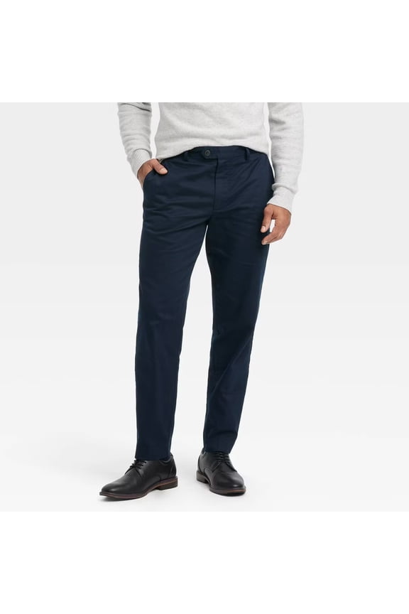 Mens Slim Fit Flat Front Trousers Navy Blue Dress Pants Size 32x30