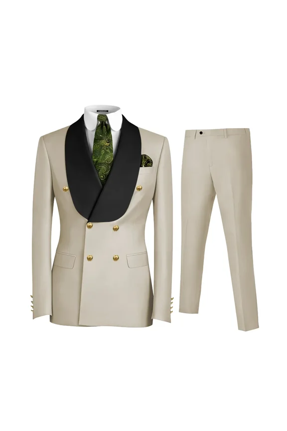 Men's Slim Fit Formal 2 Piece Beige Shawl Lapel Suit Wedding Prom Dinner Set, Size 3XL