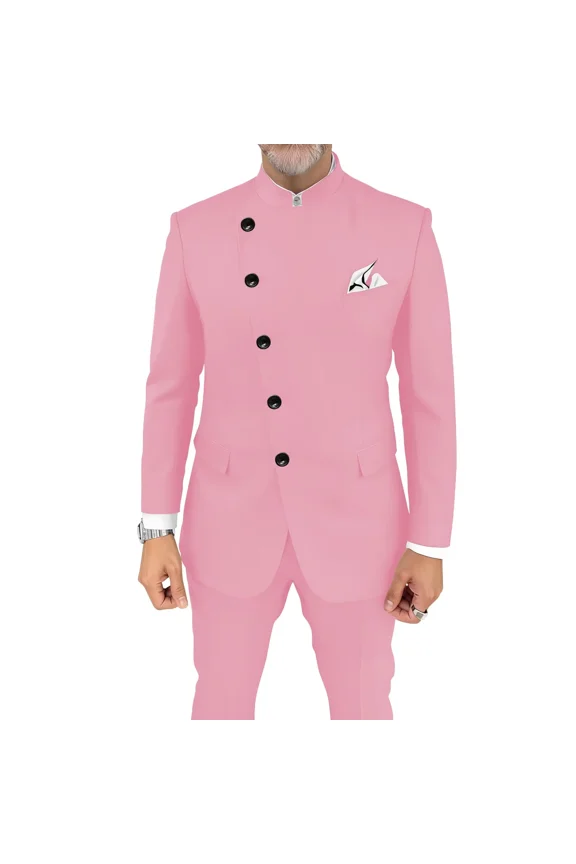 Men's Slim Fit Formal 2 Piece Dusty Rose Chinese Tunic Suit Wedding Prom Dinner, Size 3XL