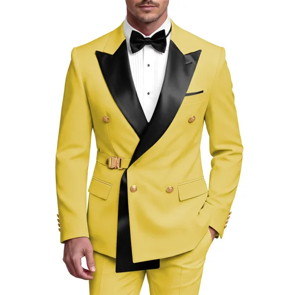 Men's Slim Fit Formal 2 Piece Gold Metal Buckle Jacket Pants Set Wedding Prom Dinner Full Set, Size 3XL