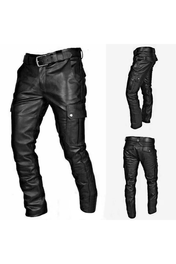 Men's Slim Fit Genuine Leather Pants Casual Tight Trousers Biker Pants Cow Hide
