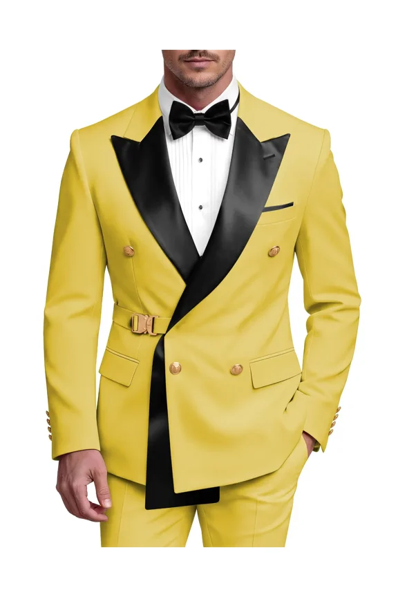 Men's Slim Fit Gold 2 Piece Tuxedo Suit Double Breasted Blazer Pants Formal Dinner Prom Wedding Wear, Size M