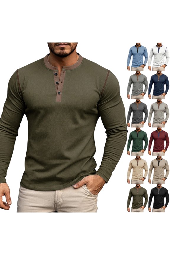 Men's Slim Fit Henley Long Sleeve Shirts - Stretch 3-Button Placket Casual Fashion Tees,Green 3XL