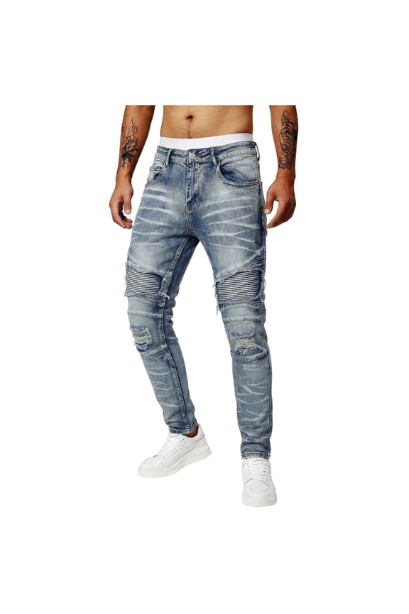 Men's Slim Fit Jeans Ripped Skinny Jeans for Men, Fashion Patchwork Biker Jeans Stretch Moto Cargo Denim Pants Light Blue