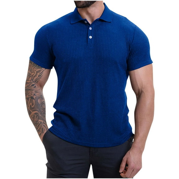 Men's Slim Fit Lapel Muscle Polo Shirt Textured Knit Polo Shirt Short Sleeve Button Shirt Casual Fashion