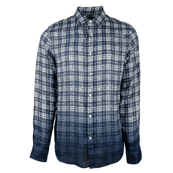 Men's Slim Fit Linen Dip Dyed Gingham Long Sleeve Shirt Medium