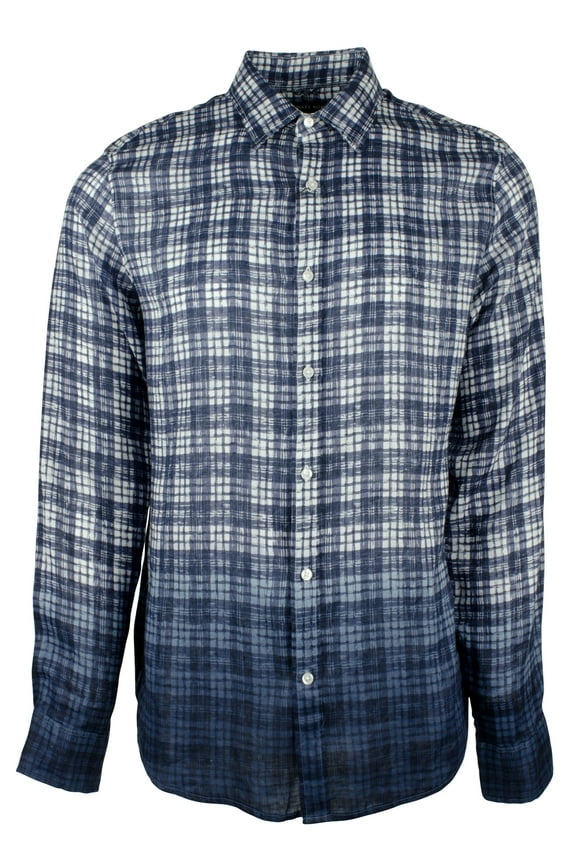 Men's Slim Fit Linen Dip Dyed Gingham Long Sleeve Shirt XL