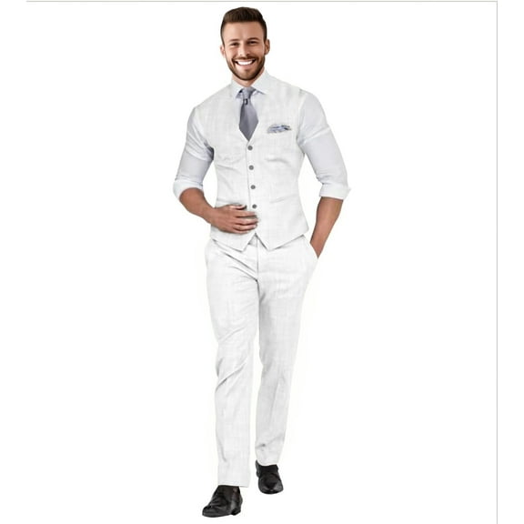 Men's Slim Fit Linen Suit Set: 2-Piece Vest & Pant for Beach Wedding, Summer, Casual & Formal Occasions