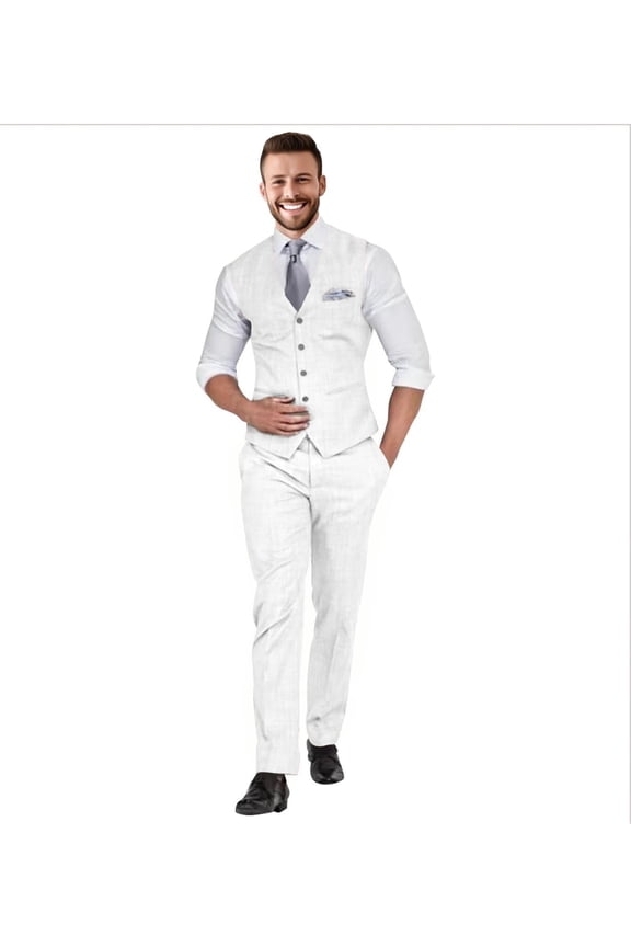 Men's Slim Fit Linen Suit Set: 2-Piece Vest & Pant for Beach Wedding, Summer, Casual & Formal Occasions