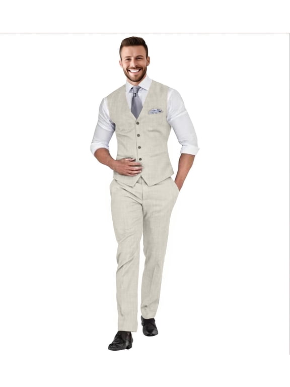 Men's Slim Fit Linen Suit Set: 2-Piece Vest & Pant for Beach Wedding, Summer, Casual & Formal Occasions
